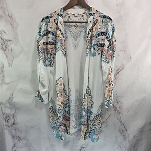 Chicos Cardigan Womens 3 XL White Blue Sweater Lightweight Ruched Sleeve Artsy